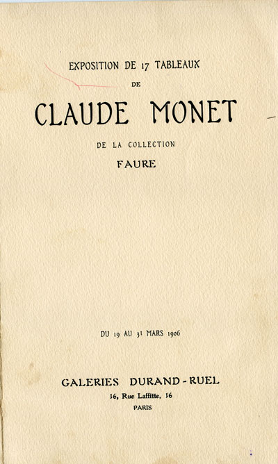 Каталог"Выставки 17 картин Клода Монэ. De la collection FAURE Выставленных в галерее Дюран-Рюэля (Париж) 