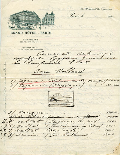 Составленый И.А.Морозовым список картин приобретенных у  Воллара, Бернхейма, Дрюэ, Бло Октябрь б/г (после1907) Написан на почтовой бумаге Гранд Отеля (Париж)